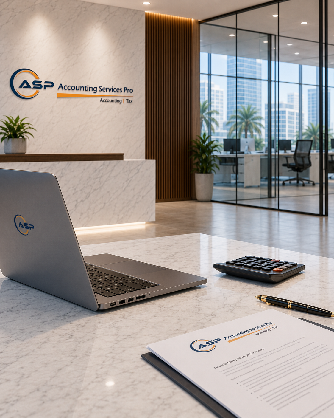 Accounting Services Pro office with accounting documents and financial planning tools