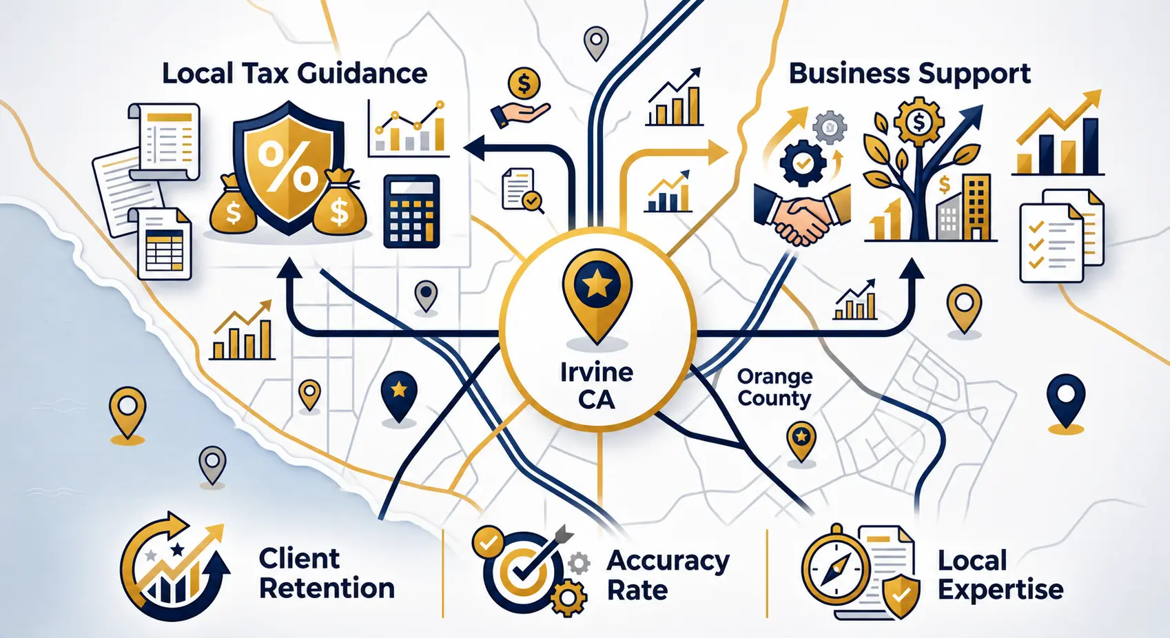 Local accounting support map for Irvine, CA and Orange County